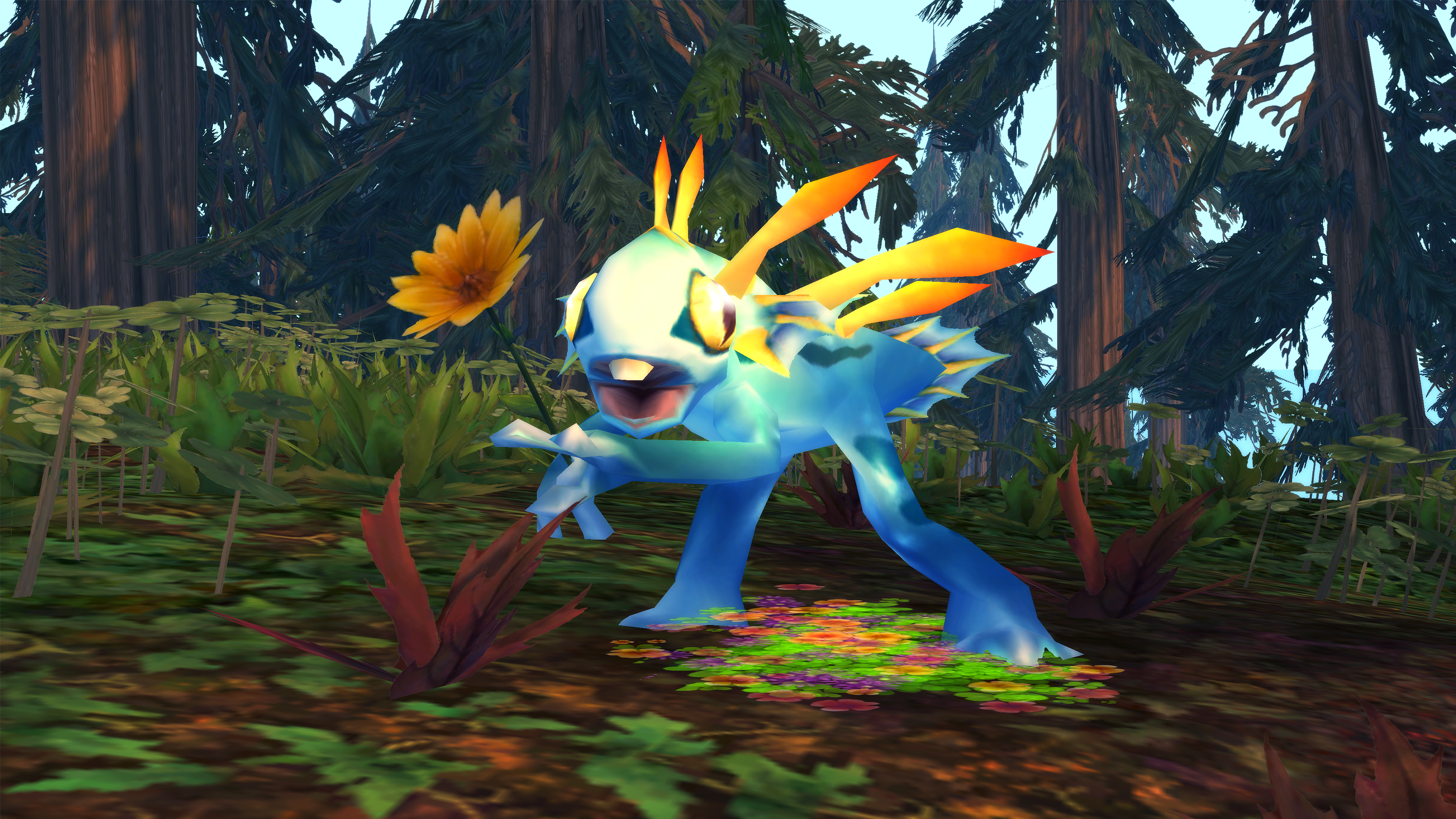 Flurky steht auf einer kleinen Lichtung mit waldigem Hintergrund und hält eine Sonnenblume