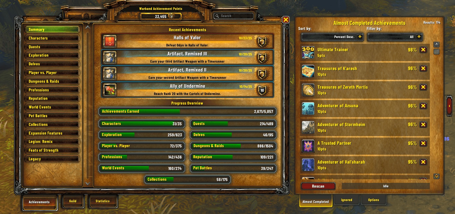 Mit dem Add-on „Almost Completed Achievements” checken, welche Erfolge du bald abschließen wirst